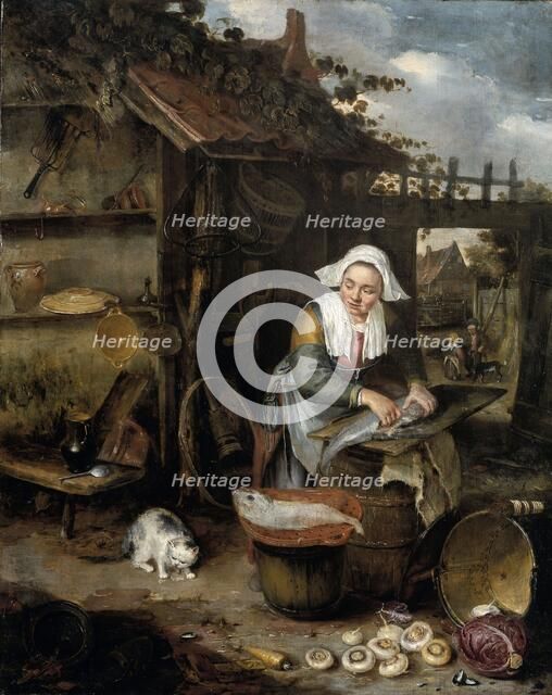 A Housewife in an inner Courtyard Cleaning Fish, 1639-1649. Creator: Hendrik Potuyl.