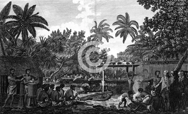 'A Human Sacrifice in a Morai, in Otaheite; in the presence of Captain Cook', c1773. Artist: Unknown