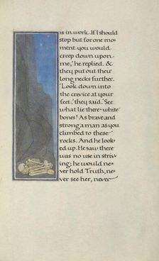 A Human Skeleton at the Foot of a Rock Face; Story of a Hunter, 1908. Creator: Florence Kingsford Cockerell