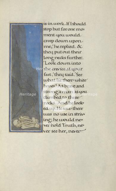 A Human Skeleton at the Foot of a Rock Face; Story of a Hunter, 1908. Creator: Florence Kingsford Cockerell.