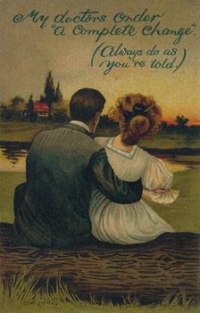 A humorous postcard depicting a courting couple, 1908