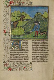 A Hunter and a Dog Examining a Deer's Spoor; Livre de la Chasse, about 1430-1440. Creator: Unknown