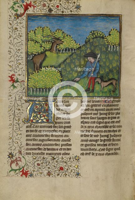 A Hunter and a Dog Examining a Deer's Spoor; Livre de la Chasse, about 1430-1440. Creator: Unknown.
