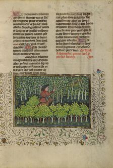 A Hunter and a Dog Examining a Deer's Fraying Place; Livre de la Chasse, about 1430-1440. Creator: Unknown