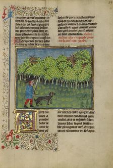 A Hunter and a Dog Spying on a Doe and a Troating Stag; Livre de la Chasse, about 1430-1440. Creator: Unknown