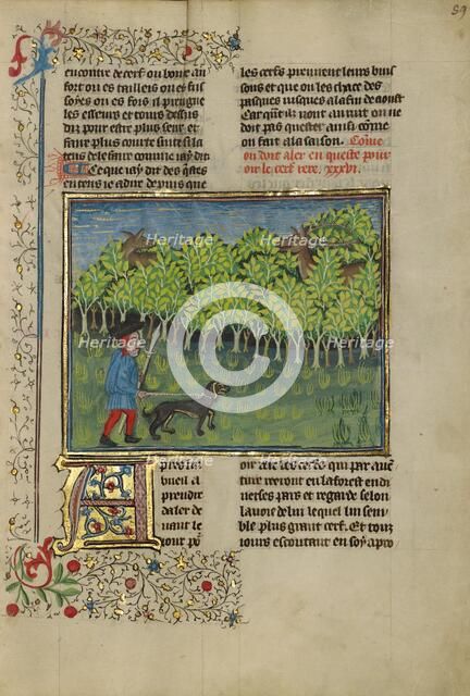 A Hunter and a Dog Spying on a Doe and a Troating Stag; Livre de la Chasse, about 1430-1440. Creator: Unknown.