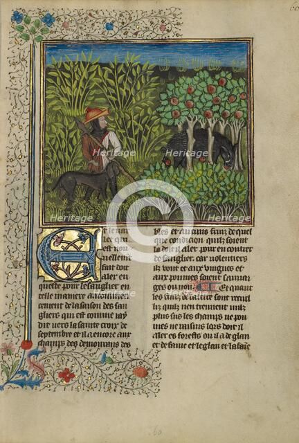A Hunter and a Dog Tracking a Wild Boar; Livre de la Chasse, about 1430-1440. Creator: Unknown.