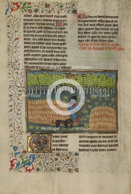 A Hunter and a Dog Tracking between a Field and a Forest; Livre de la Chasse, about 1430-1440. Creator: Unknown.