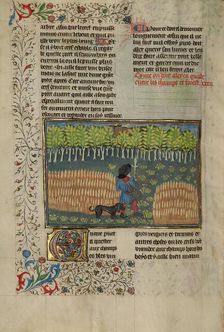 A Hunter and a Dog Tracking between a Field and a Forest; Livre de la Chasse, about 1430-1440. Creator: Unknown
