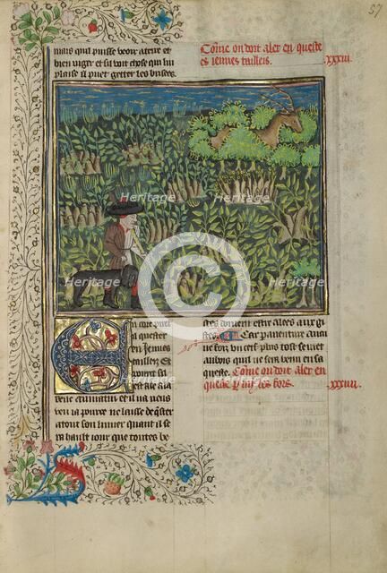 A Hunter and a Dog Tracking in a Copse; Livre de la Chasse, about 1430-1440. Creator: Unknown.