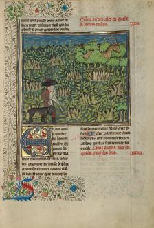 A Hunter and a Dog Tracking in a Copse; Livre de la Chasse, about 1430-1440. Creator: Unknown