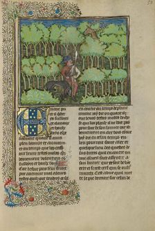 A Hunter and a Dog Tracking in a Forest; Livre de la Chasse, about 1430-1440. Creator: Unknown