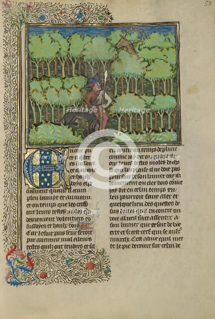 A Hunter and a Dog Tracking in a Forest; Livre de la Chasse, about 1430-1440. Creator: Unknown.