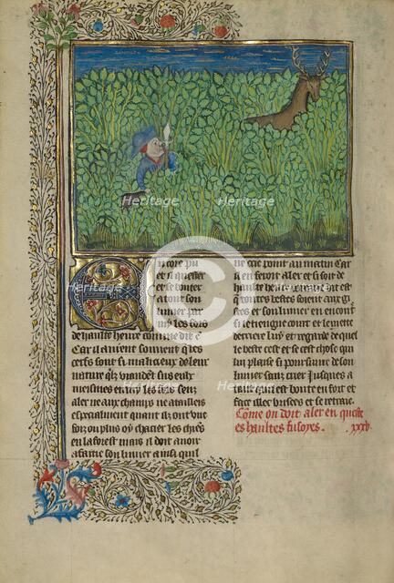 A Hunter and a Dog Tracking in a Thicket; Livre de la Chasse, about 1430-1440. Creator: Unknown.