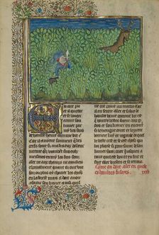 A Hunter and a Dog Tracking in a Thicket; Livre de la Chasse, about 1430-1440. Creator: Unknown