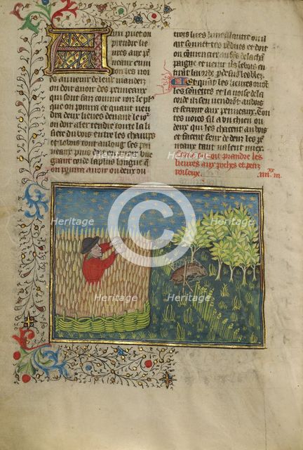 A Hunter and a Netted Hare; Livre de la Chasse, about 1430-1440. Creator: Unknown.