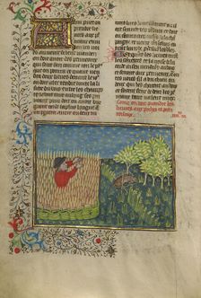 A Hunter and a Netted Hare; Livre de la Chasse, about 1430-1440. Creator: Unknown