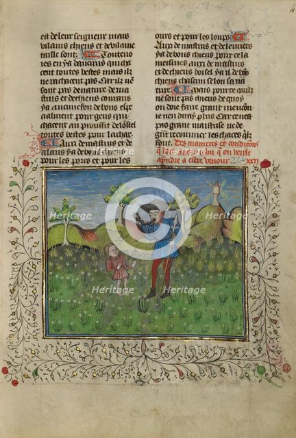 A Hunter and a Young Boy; Livre de la Chasse, about 1430-1440. Creator: Unknown.