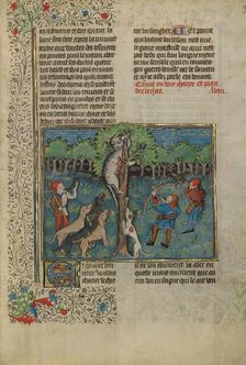 A Hunter and Dogs Attacking a Wild Cat up a Tree; Livre de la Chasse, about 1430-1440. Creator: Unknown