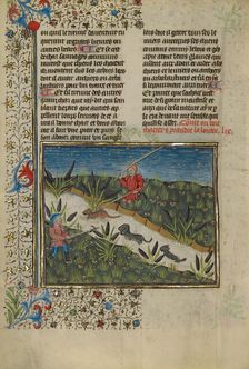 A Hunter and Dogs Attacking an Otter; Livre de la Chasse, about 1430-1440. Creator: Unknown