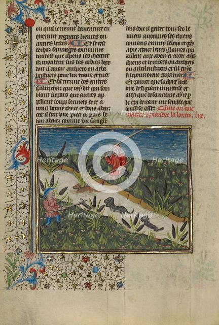 A Hunter and Dogs Attacking an Otter; Livre de la Chasse, about 1430-1440. Creator: Unknown.