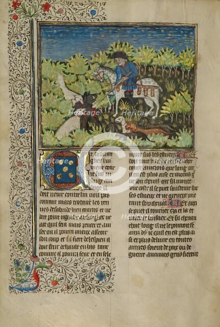 A Hunter and Dogs Killing a Wild Boar; Livre de la Chasse, about 1430-1440. Creator: Unknown.