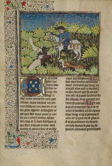 A Hunter and Dogs Killing a Wild Boar; Livre de la Chasse, about 1430-1440. Creator: Unknown