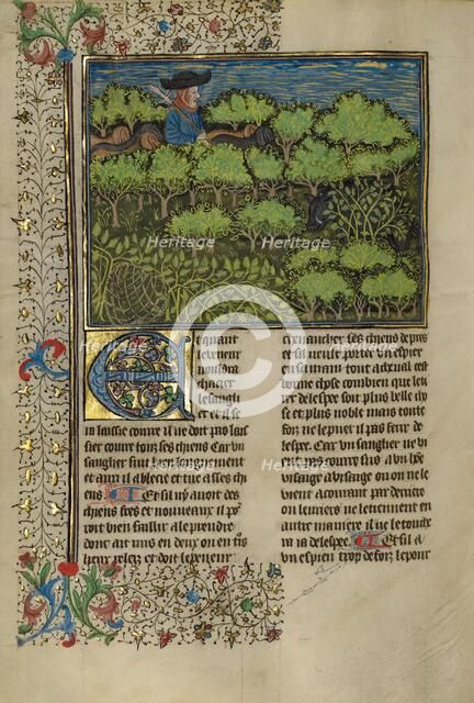 A Hunter and Dogs Pursuing a Wild Boar; Livre de la Chasse, about 1430-1440. Creator: Unknown.