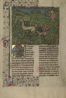 A Hunter and Dogs Pursuing a Fallow Deer; Livre de la Chasse; A Deer Hunt, about 1430-1440. Creator: Unknown