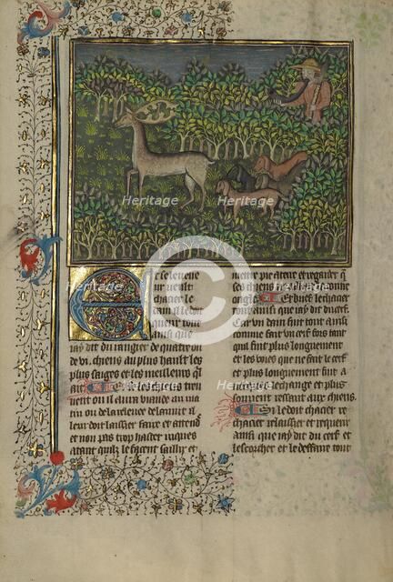 A Hunter and Dogs Pursuing a Fallow Deer; Livre de la Chasse; A Deer Hunt, about 1430-1440. Creator: Unknown.