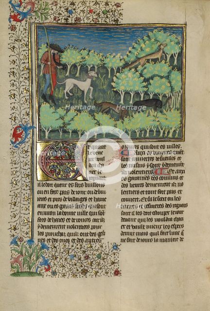 A Hunter and Dogs Pursuing a Fox; Livre de la Chasse, about 1430-1440. Creator: Unknown.