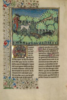 A Hunter and Dogs Pursuing a Fox; Livre de la Chasse, about 1430-1440. Creator: Unknown