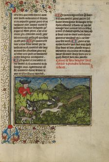 A Hunter and Dogs Pursuing a Hare; Livre de la Chasse, about 1430-1440. Creator: Unknown