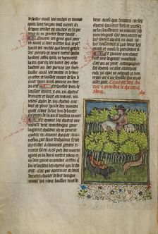 A Hunter and Dogs Pursuing a Roe Deer; Livre de la Chasse, about 1430-1440. Creator: Unknown