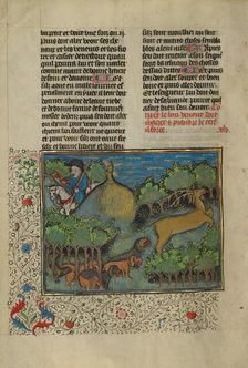A Hunter and Dogs Pursuing a Stag; Livre de la Chasse, about 1430-1440. Creator: Unknown