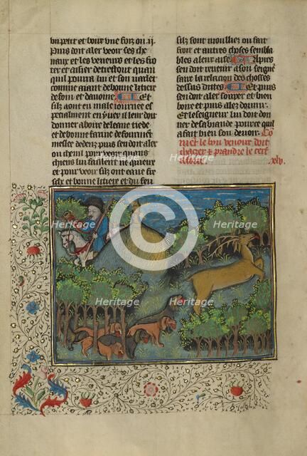 A Hunter and Dogs Pursuing a Stag; Livre de la Chasse, about 1430-1440. Creator: Unknown.