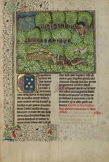 A Hunter and Dogs Pursuing Reindeer; Livre de la Chasse, about 1430-1440. Creator: Unknown