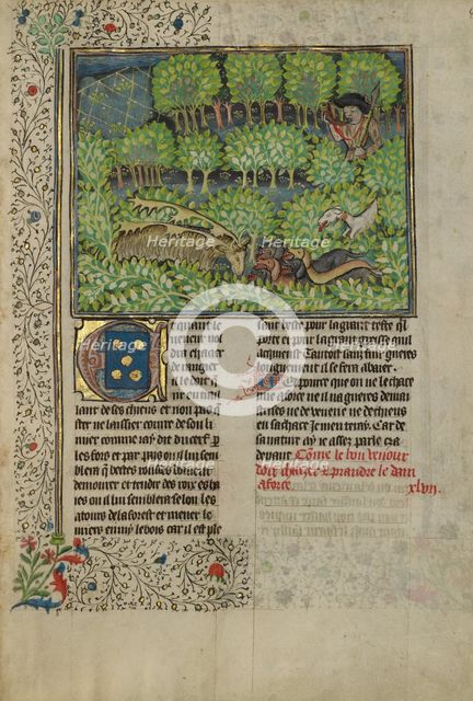 A Hunter and Dogs Pursuing Reindeer; Livre de la Chasse, about 1430-1440. Creator: Unknown.