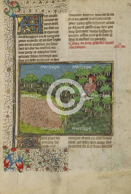 A Hunter and Greyhound Waiting to Attack a Hare; Livre de la Chasse, about 1430-1440. Creator: Unknown.