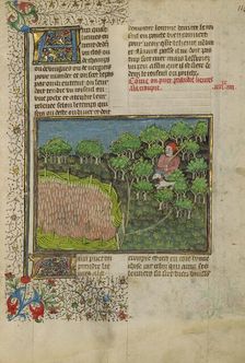 A Hunter and Greyhound Waiting to Attack a Hare; Livre de la Chasse, about 1430-1440. Creator: Unknown