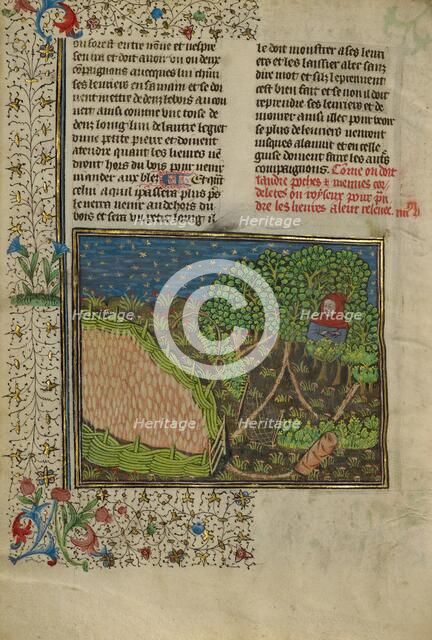 A Hunter and Snares Used to Trap Hares; Livre de la Chasse, about 1430-1440. Creator: Unknown.