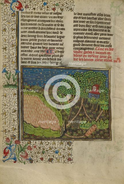 A Hunter and Snares Used to Trap Hares; Livre de la Chasse, about 1430-1440. Creator: Unknown.