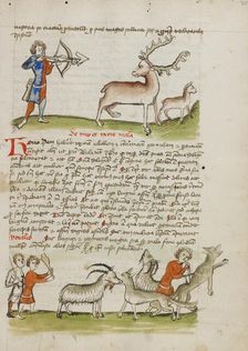 A Hunter Aiming an Arrow at a Stag, a Deer Standing Nearby..., third quarter of 15th century. Creator: Unknown