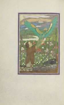 A Hunter Kneeling in a Meadow and Releasing Captive Birds; Story of a Hunter, 1908. Creator: Florence Kingsford Cockerell