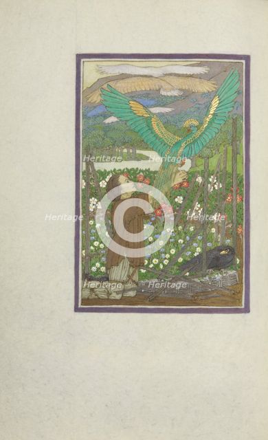 A Hunter Kneeling in a Meadow and Releasing Captive Birds; Story of a Hunter, 1908. Creator: Florence Kingsford Cockerell.