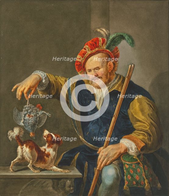 A hunter in rich attire, returning from the hunt, shows his dog a partridge, 18th century. Creator: R. Meurs Pruysenaar.