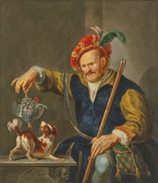 A hunter in rich attire, returning from the hunt, shows his dog a partridge, 18th century. Creator: R. Meurs Pruysenaar