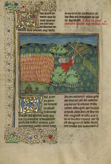 A Hunter Netting Hares; Livre de la Chasse, about 1430-1440. Creator: Unknown