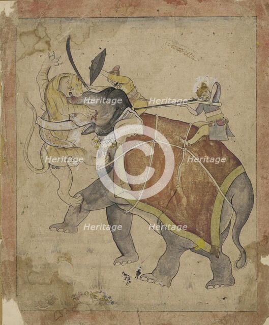 A Hunter Shooting a Tiger Attacking his Elephant, c.late 18th century. Creator: Unknown.