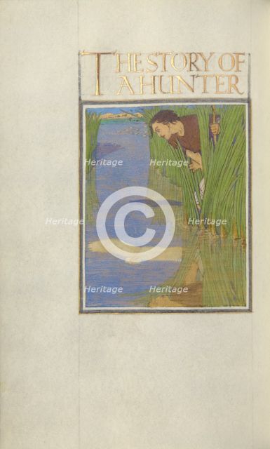 A Hunter Standing in Reeds and Seeing a Reflection of a White Bird in the Water, 1908. Creator: Florence Kingsford Cockerell.